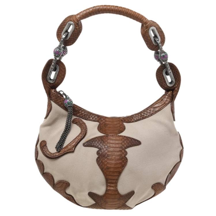 Pre Owned Jimmy Choo Beige/Brown Canvas And Python Leather Hobo