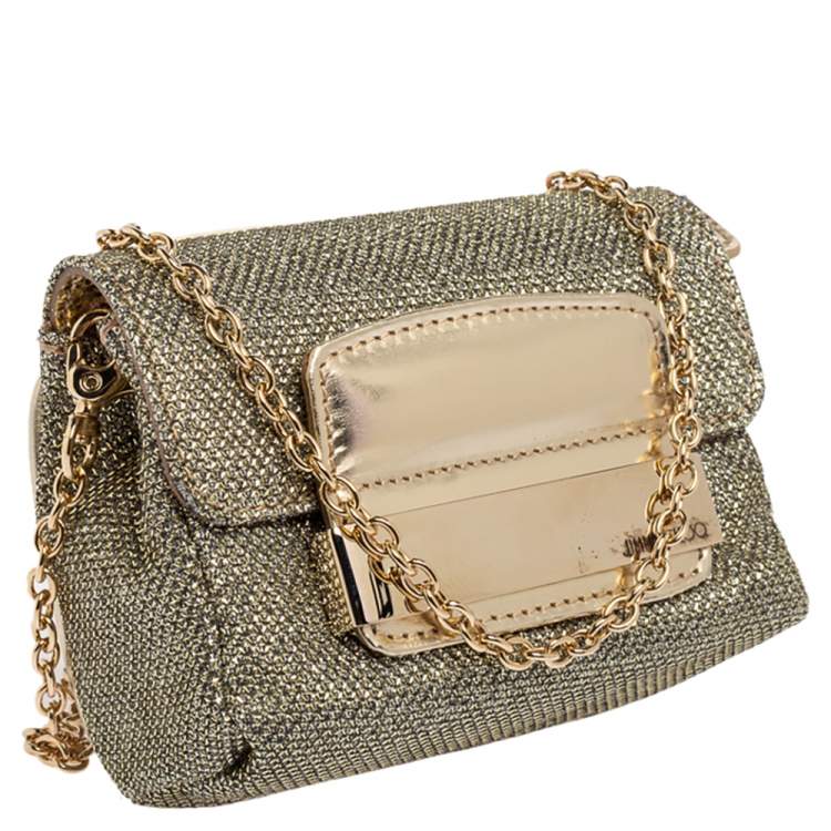 Pre Owned Jimmy Choo Metallic Gold Glitter Fabric And Leather Caro Crossbody Bag