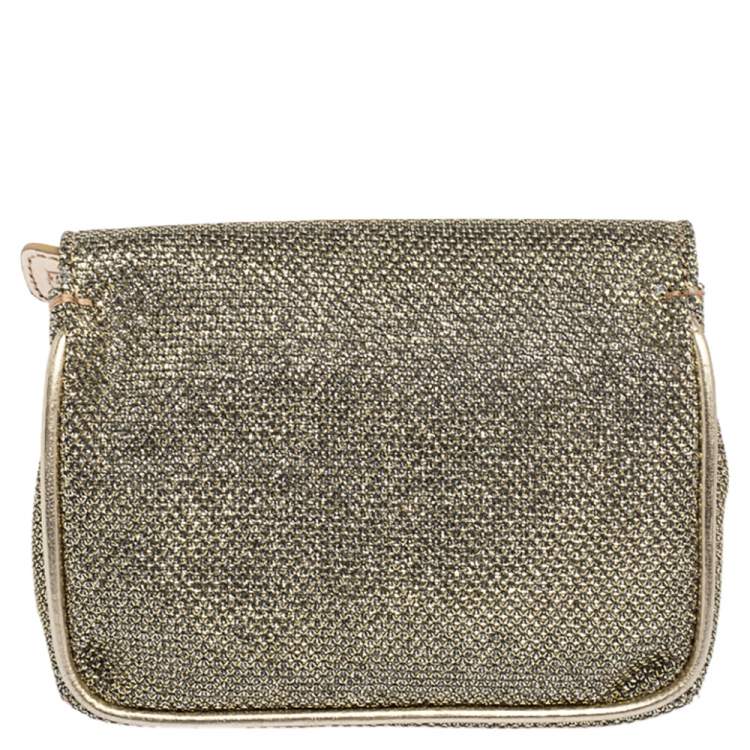 Pre Owned Jimmy Choo Metallic Gold Glitter Fabric And Leather Caro Crossbody Bag