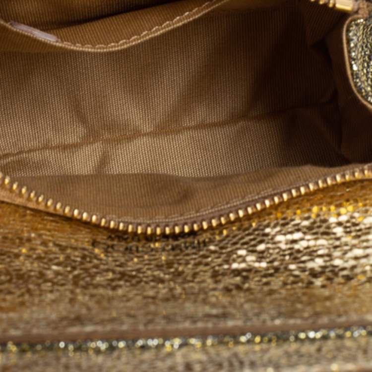 Pre Owned Jimmy Choo Metallic Gold Glitter Fabric And Leather Caro Crossbody Bag