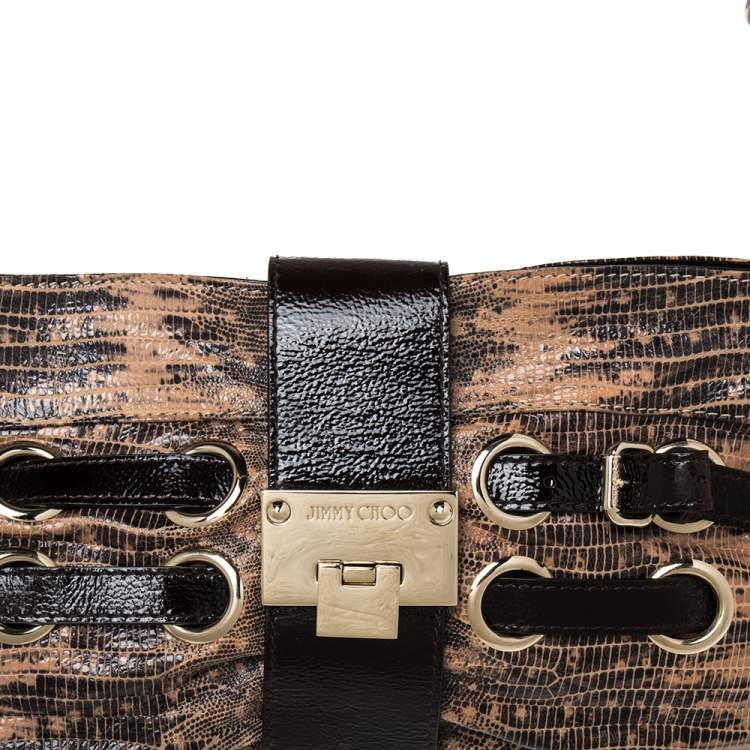 Pre Owned Jimmy Choo Beige/Brown Lizard Embossed Leather Chain Shoulder Bag