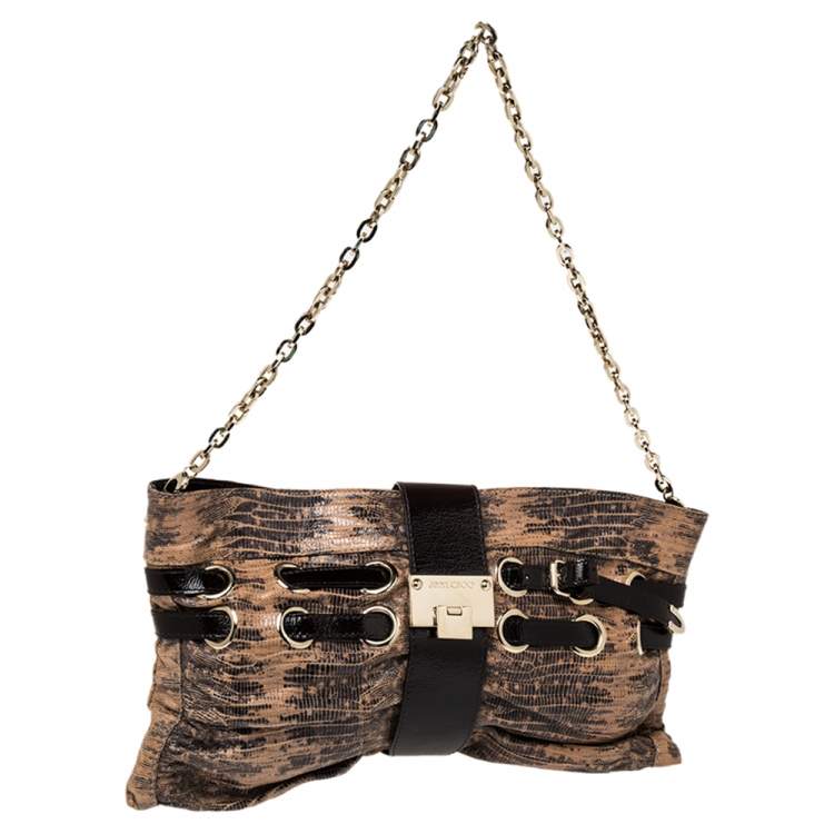 Pre Owned Jimmy Choo Beige/Brown Lizard Embossed Leather Chain Shoulder Bag