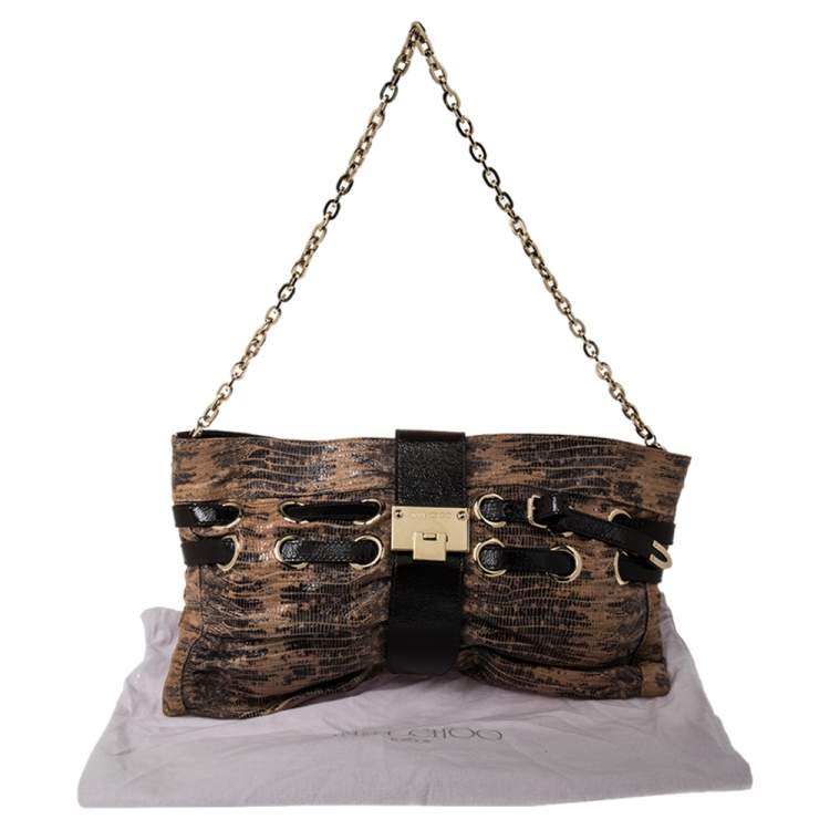 Pre Owned Jimmy Choo Beige/Brown Lizard Embossed Leather Chain Shoulder Bag