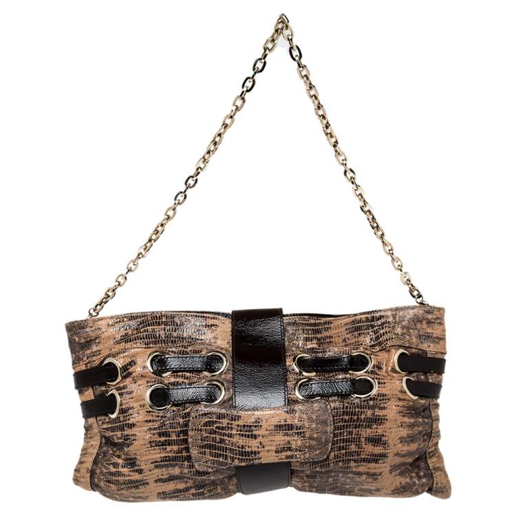 Pre Owned Jimmy Choo Beige/Brown Lizard Embossed Leather Chain Shoulder Bag