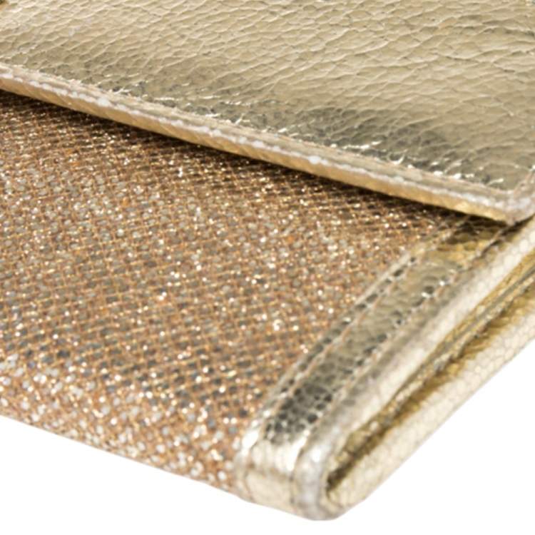 Pre Owned Jimmy Choo Metallic Gold Glitter and Patent Leather Reese Flap Clutch