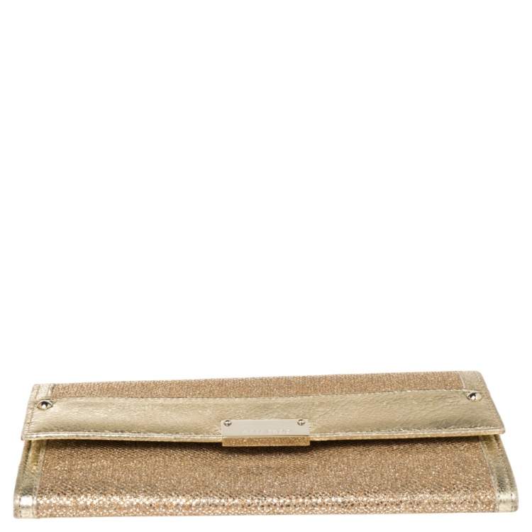 Pre Owned Jimmy Choo Metallic Gold Glitter and Patent Leather Reese Flap Clutch
