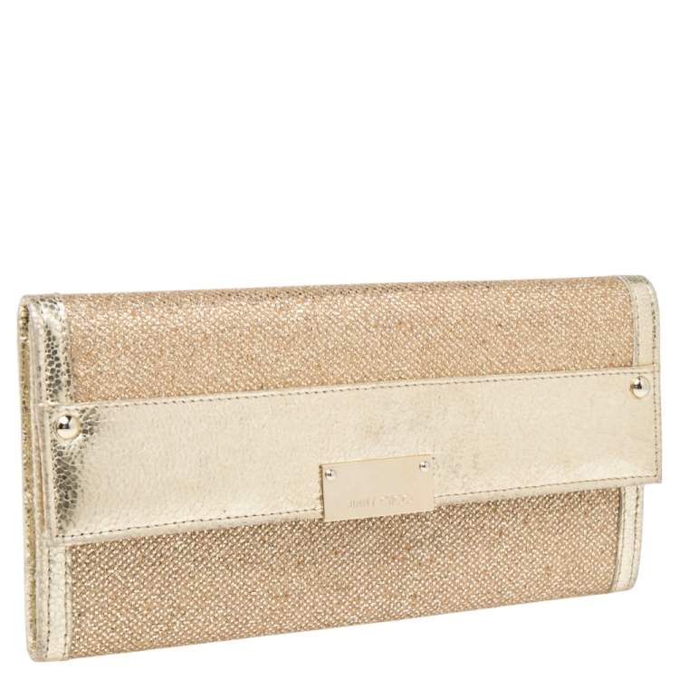 Pre Owned Jimmy Choo Metallic Gold Glitter and Patent Leather Reese Flap Clutch