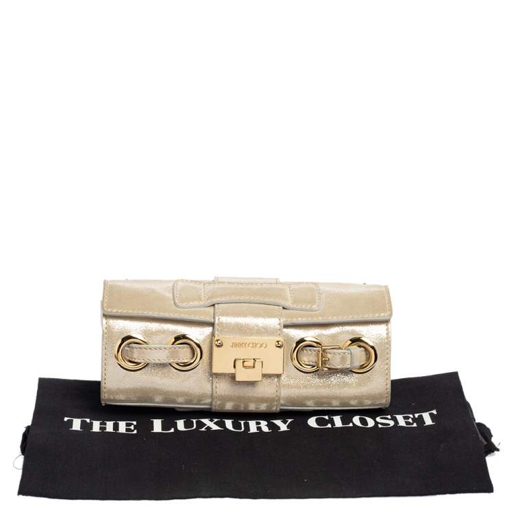 Pre Owned Jimmy Choo Light Cream Shimmer Suede Buckle Clutch