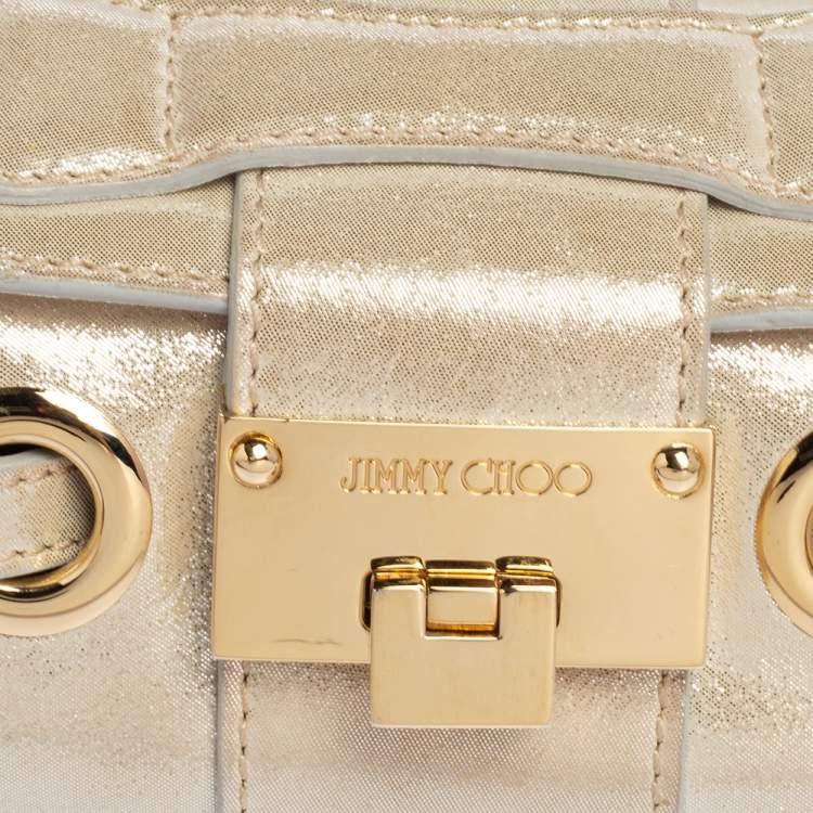 Pre Owned Jimmy Choo Light Cream Shimmer Suede Buckle Clutch