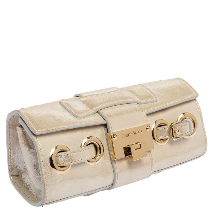 Pre Owned Jimmy Choo Light Cream Shimmer Suede Buckle Clutch