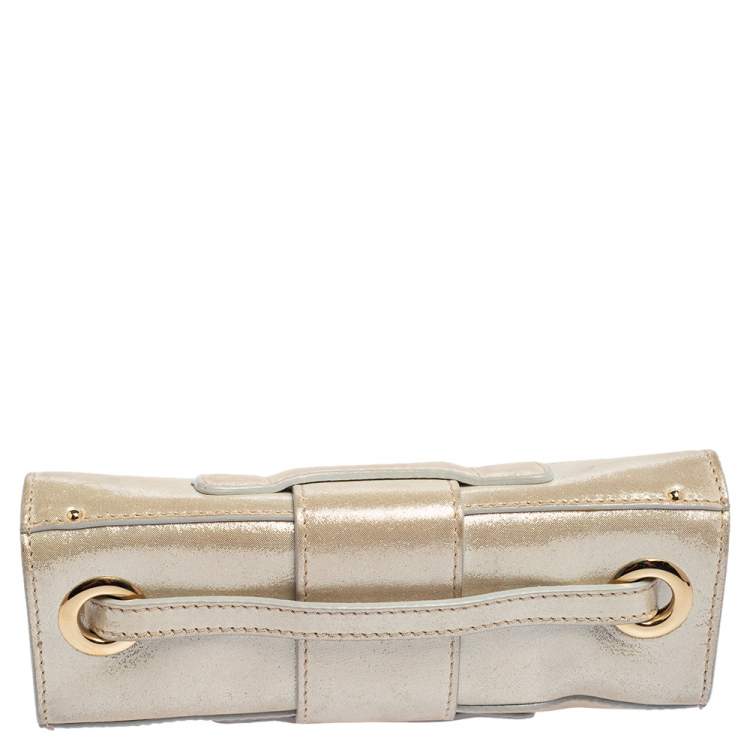 Pre Owned Jimmy Choo Light Cream Shimmer Suede Buckle Clutch