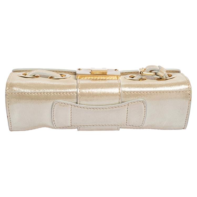 Pre Owned Jimmy Choo Light Cream Shimmer Suede Buckle Clutch