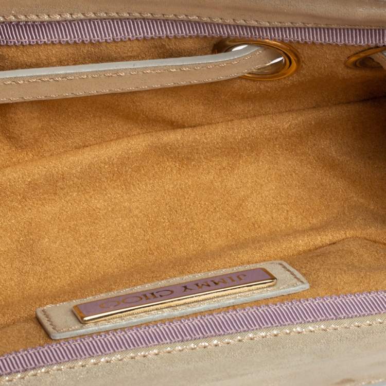 Pre Owned Jimmy Choo Light Cream Shimmer Suede Buckle Clutch