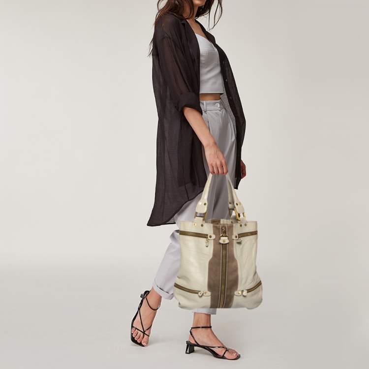 Pre Owned Jimmy Choo Grey Leather and Suede Large Mona Tote