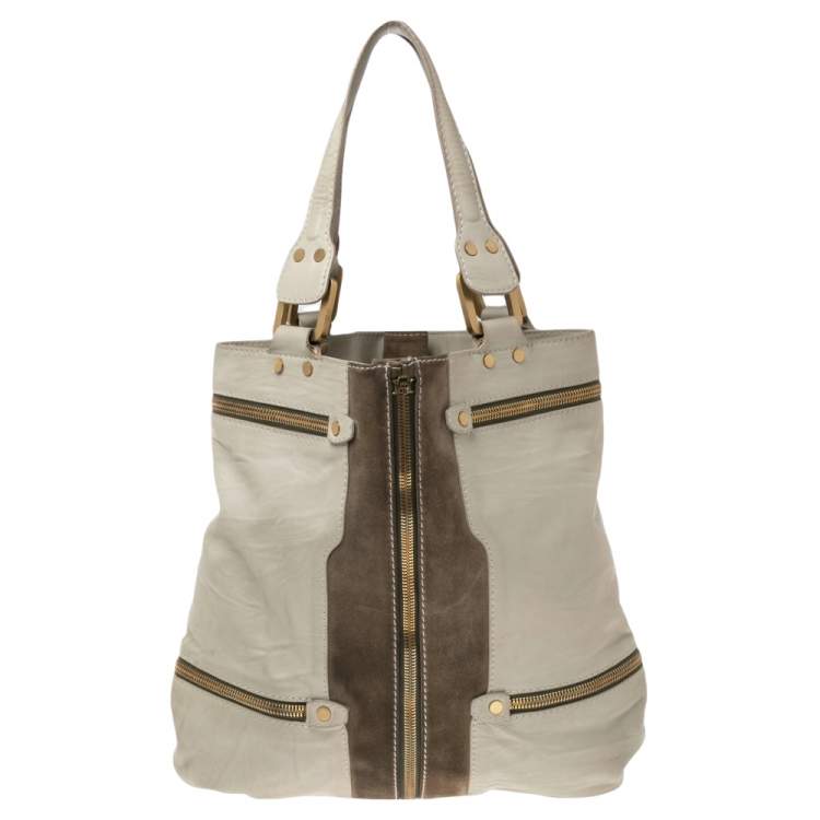 Pre Owned Jimmy Choo Grey Leather and Suede Large Mona Tote