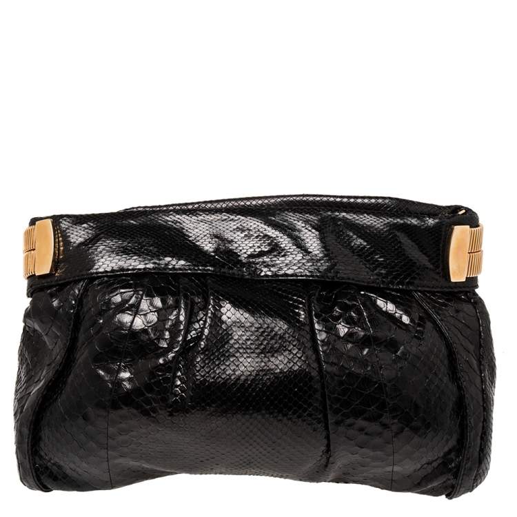 Pre Owned Jimmy Choo Black Python Oversized Zip Clutch