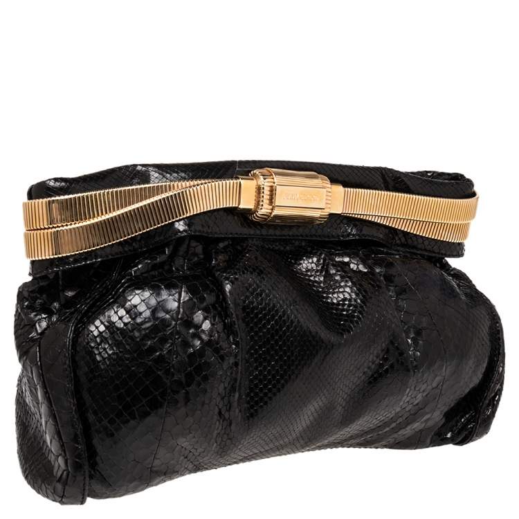 Pre Owned Jimmy Choo Black Python Oversized Zip Clutch