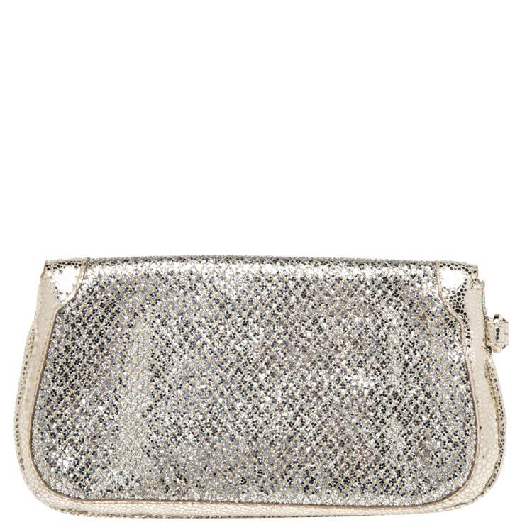 Pre Owned Jimmy Choo Metallic Gold Glitter and Leather Zeta Wristlet Clutch