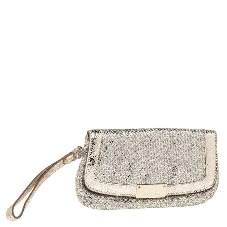 Pre Owned Jimmy Choo Metallic Gold Glitter and Leather Zeta Wristlet Clutch