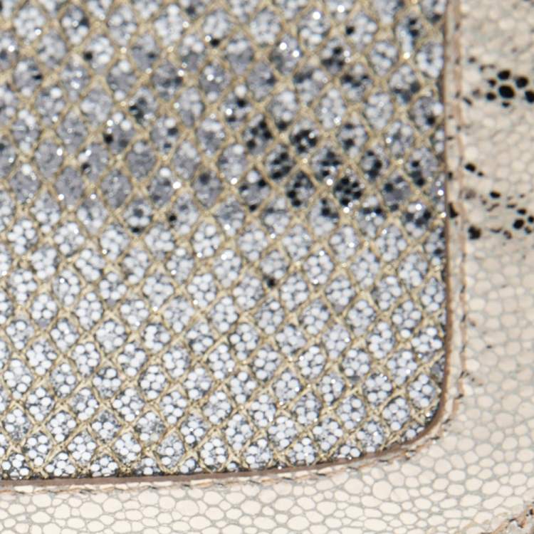 Pre Owned Jimmy Choo Metallic Gold Glitter and Leather Zeta Wristlet Clutch