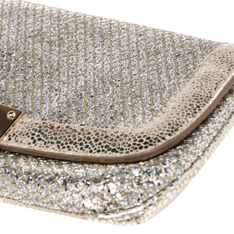 Pre Owned Jimmy Choo Metallic Gold Glitter and Leather Zeta Wristlet Clutch
