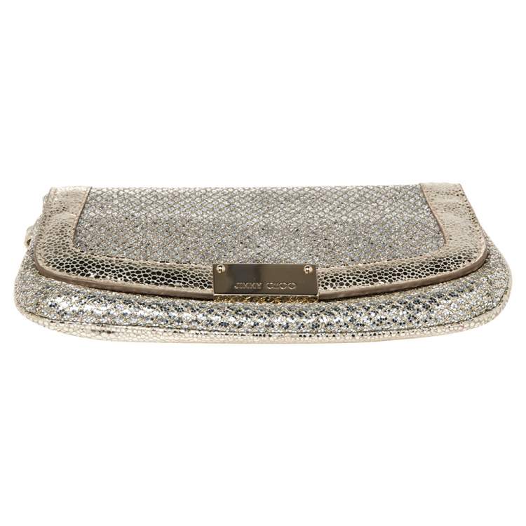Pre Owned Jimmy Choo Metallic Gold Glitter and Leather Zeta Wristlet Clutch