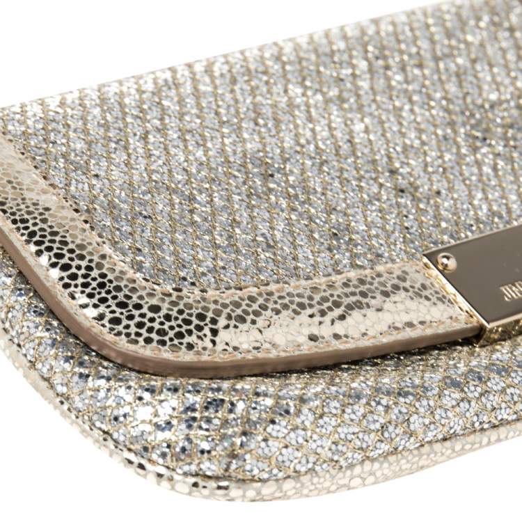 Pre Owned Jimmy Choo Metallic Gold Glitter and Leather Zeta Wristlet Clutch