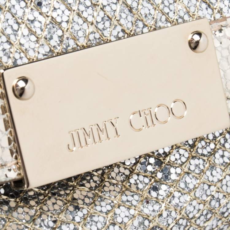 Pre Owned Jimmy Choo Metallic Gold Glitter and Leather Zeta Wristlet Clutch