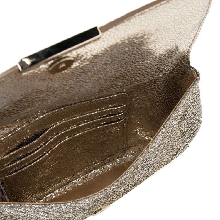 Pre Owned Jimmy Choo Metallic Gold Glitter and Leather Zeta Wristlet Clutch