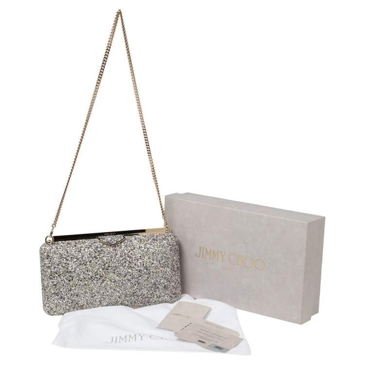 Pre Owned Jimmy Choo Gold/Lilac Champagne Coarse Glitter Ellipse Chain Clutch 