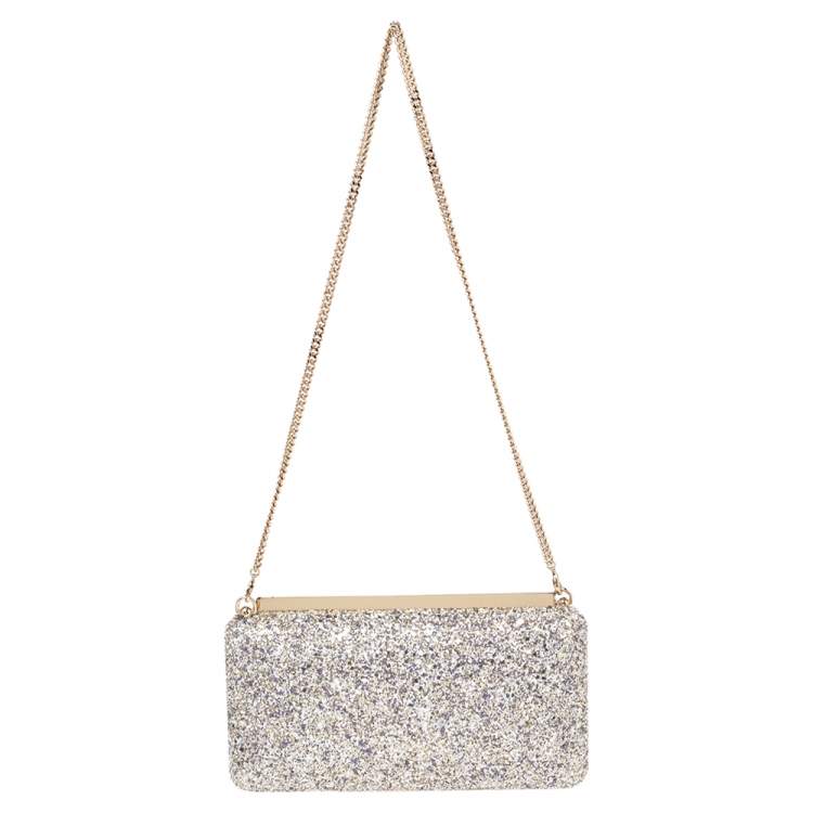 Pre Owned Jimmy Choo Gold/Lilac Champagne Coarse Glitter Ellipse Chain Clutch 