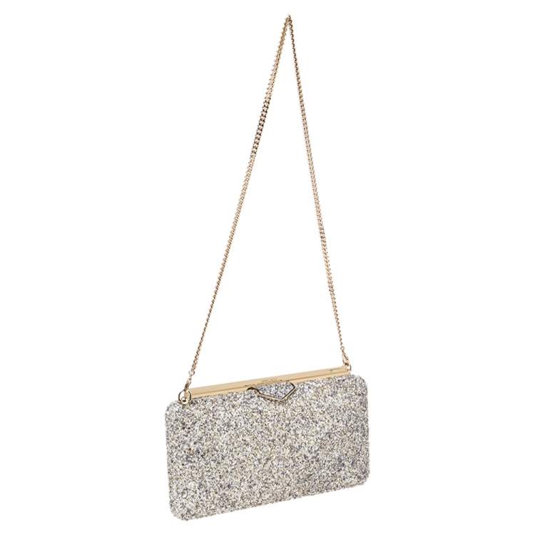 Pre Owned Jimmy Choo Gold/Lilac Champagne Coarse Glitter Ellipse Chain Clutch 