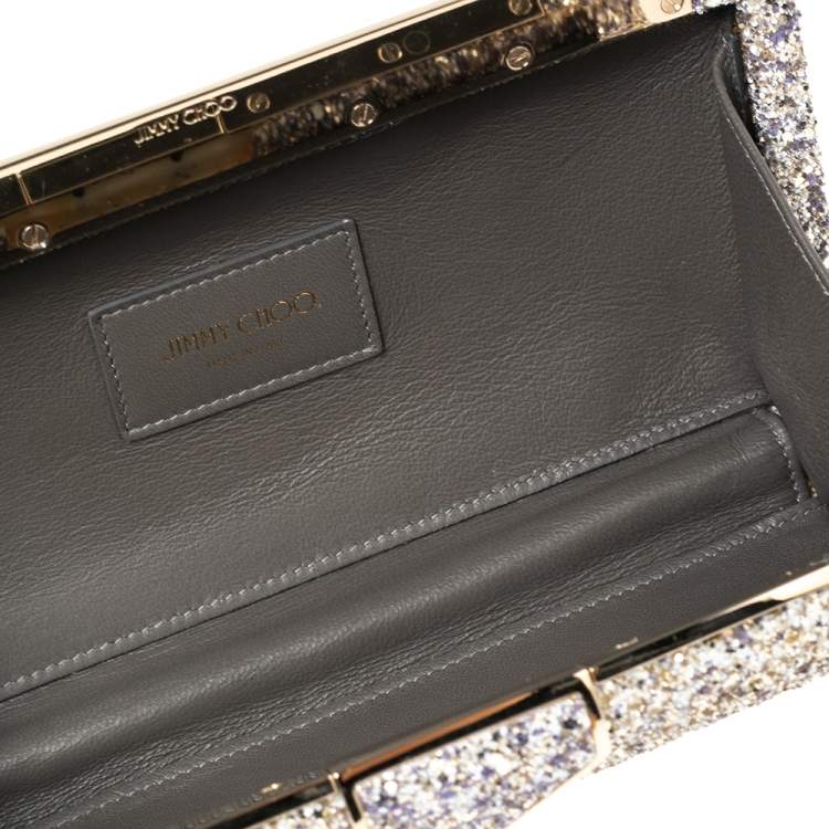 Pre Owned Jimmy Choo Gold/Lilac Champagne Coarse Glitter Ellipse Chain Clutch 