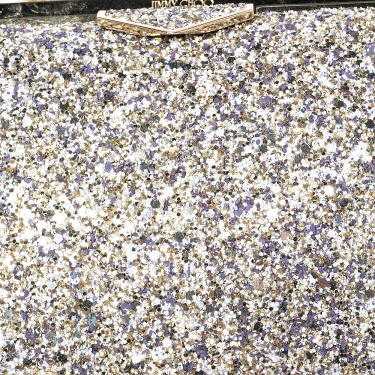 Pre Owned Jimmy Choo Gold/Lilac Champagne Coarse Glitter Ellipse Chain Clutch 