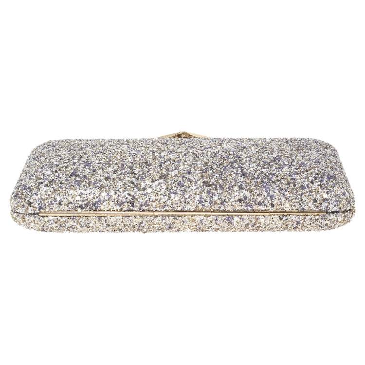 Pre Owned Jimmy Choo Gold/Lilac Champagne Coarse Glitter Ellipse Chain Clutch 