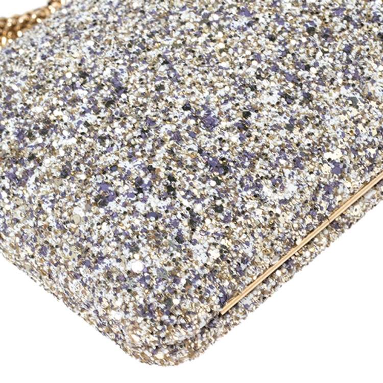 Pre Owned Jimmy Choo Gold/Lilac Champagne Coarse Glitter Ellipse Chain Clutch 