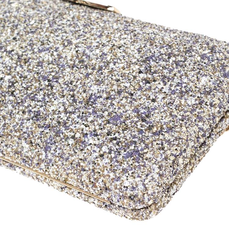 Pre Owned Jimmy Choo Gold/Lilac Champagne Coarse Glitter Ellipse Chain Clutch 