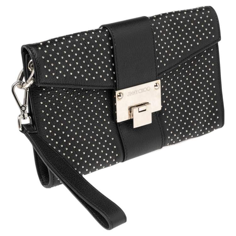 Pre Owned Jimmy Choo Black Leather Studded Rebel Wristlet Clutch