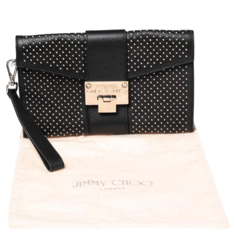 Pre Owned Jimmy Choo Black Leather Studded Rebel Wristlet Clutch