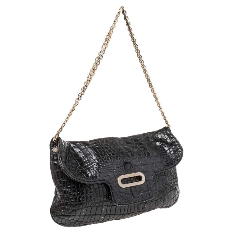 مملوكة مسبقًا Jimmy Choo Black Croc Embossed Leather Shoulder Bag