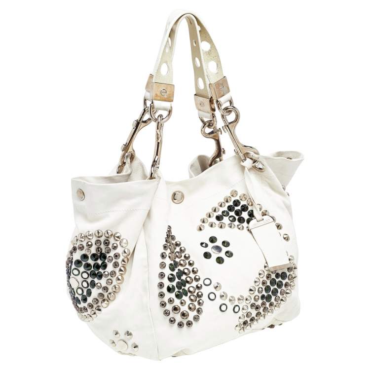 Pre Owned Jimmy Choo White Leather Embellished Tote