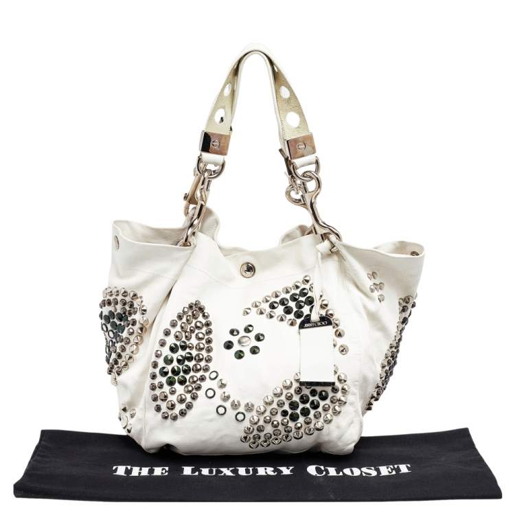 Pre Owned Jimmy Choo White Leather Embellished Tote