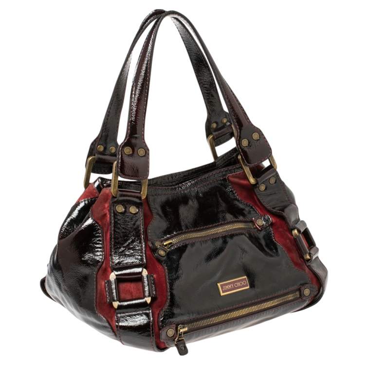 Pre Owned Jimmy Choo Two Tone Red Patent Leather and Suede Mahala Bag