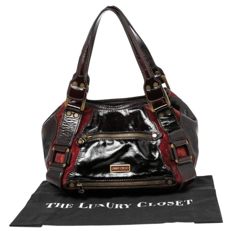 Pre Owned Jimmy Choo Two Tone Red Patent Leather and Suede Mahala Bag