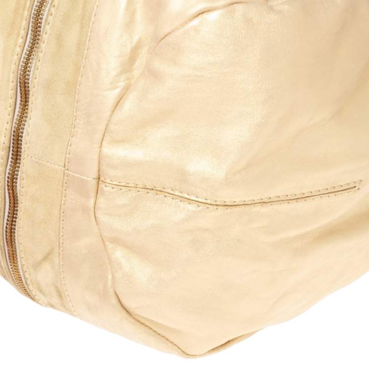 Pre Owned Jimmy Choo Beige/Gold Leather and Suede Mandah Expandable Bag