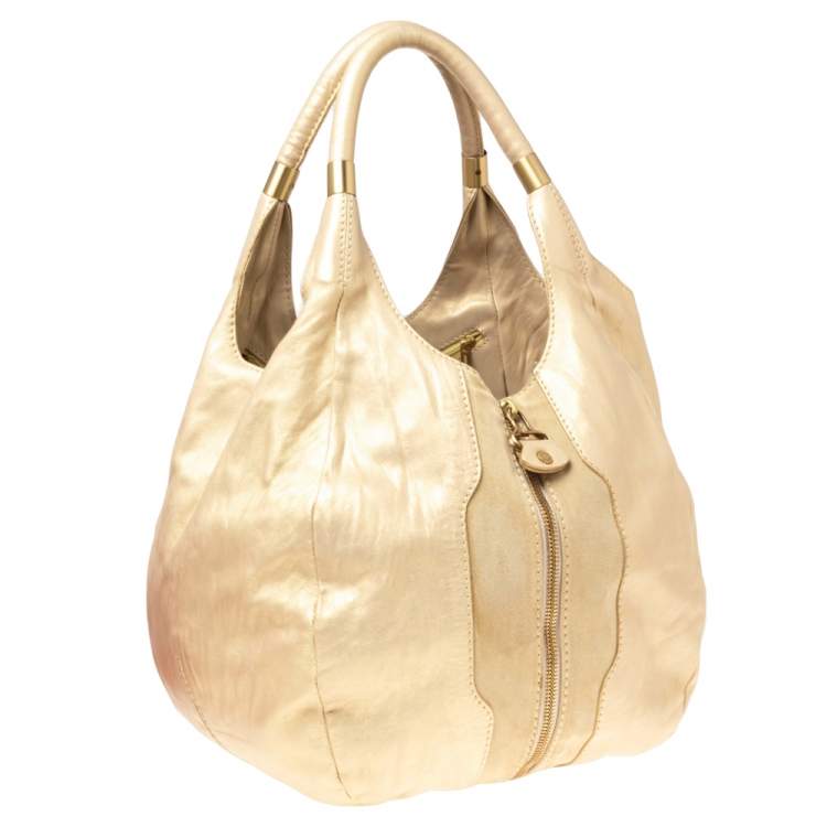 Pre Owned Jimmy Choo Beige/Gold Leather and Suede Mandah Expandable Bag