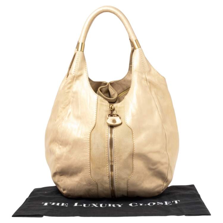 Pre Owned Jimmy Choo Beige/Gold Leather and Suede Mandah Expandable Bag