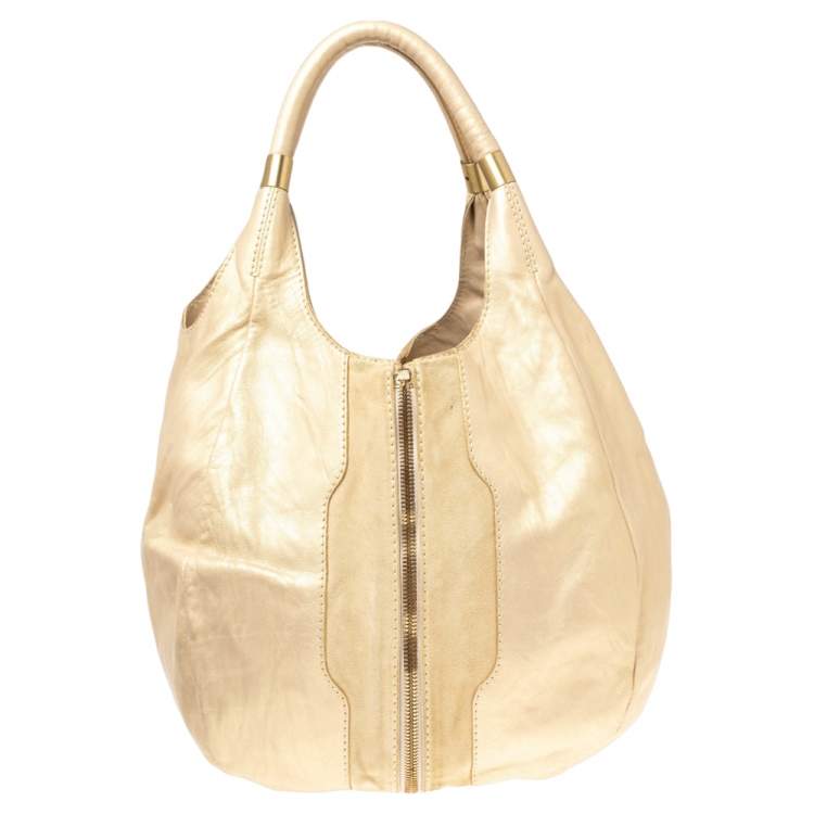 Pre Owned Jimmy Choo Beige/Gold Leather and Suede Mandah Expandable Bag