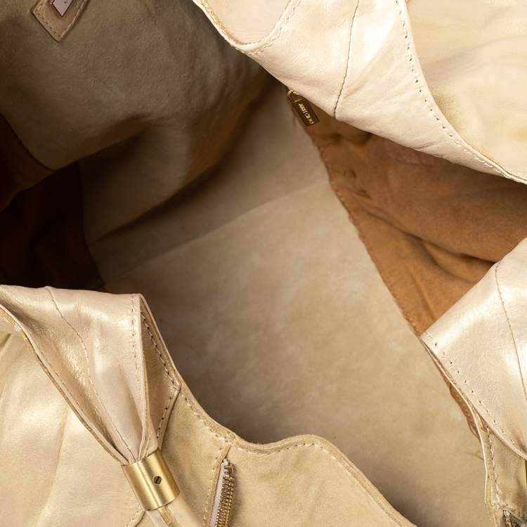 Pre Owned Jimmy Choo Beige/Gold Leather and Suede Mandah Expandable Bag