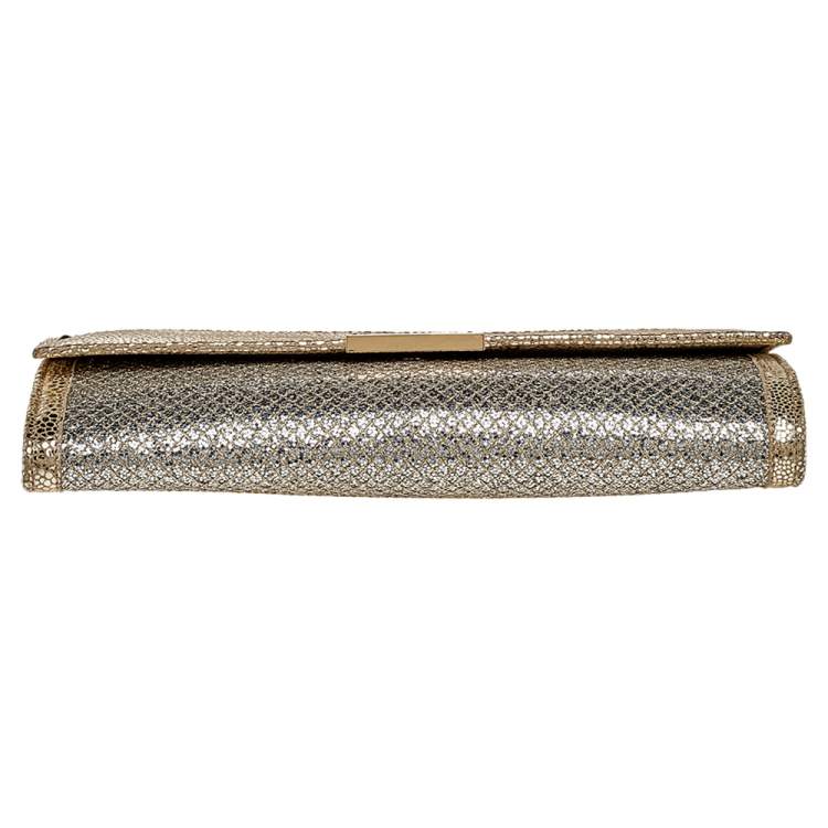 Pre Owned Jimmy Choo Metallic Gold Glitter And Textured Leather Reese Flap Clutch
